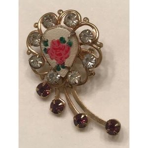Antique Vintage Victorian Crystal Rose Flower Brooch Pin Gold Tone Estate